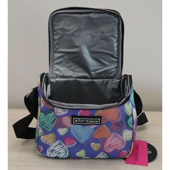 Betsey Johnson TBJ-1300 Women's Purple Multi Hearts Insulated Cube Lunch Tote - Picture 7 of 8